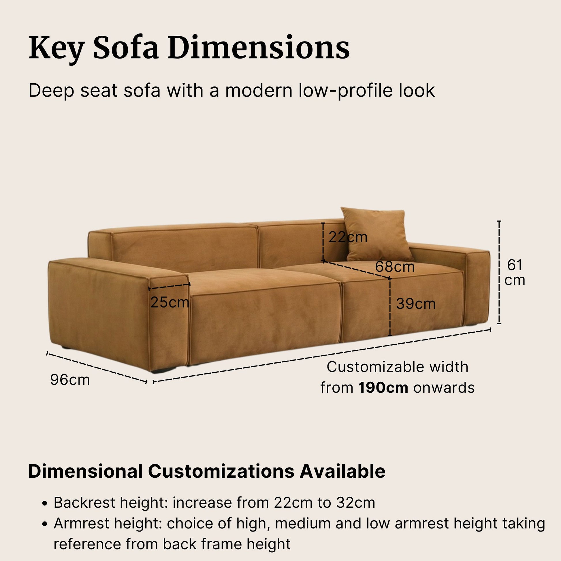 Brown sofa with dimensions labeled on a beige background