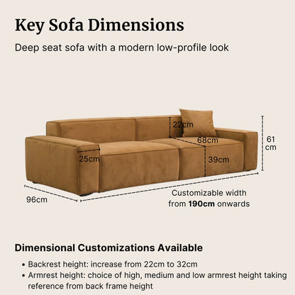 Brown sofa with dimensions labeled on a beige background