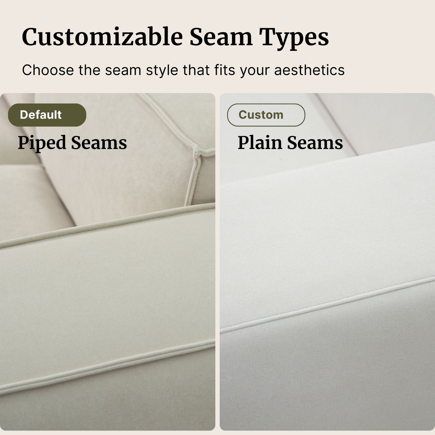 Comparison of piped seams and plain seams on a fabric surface.