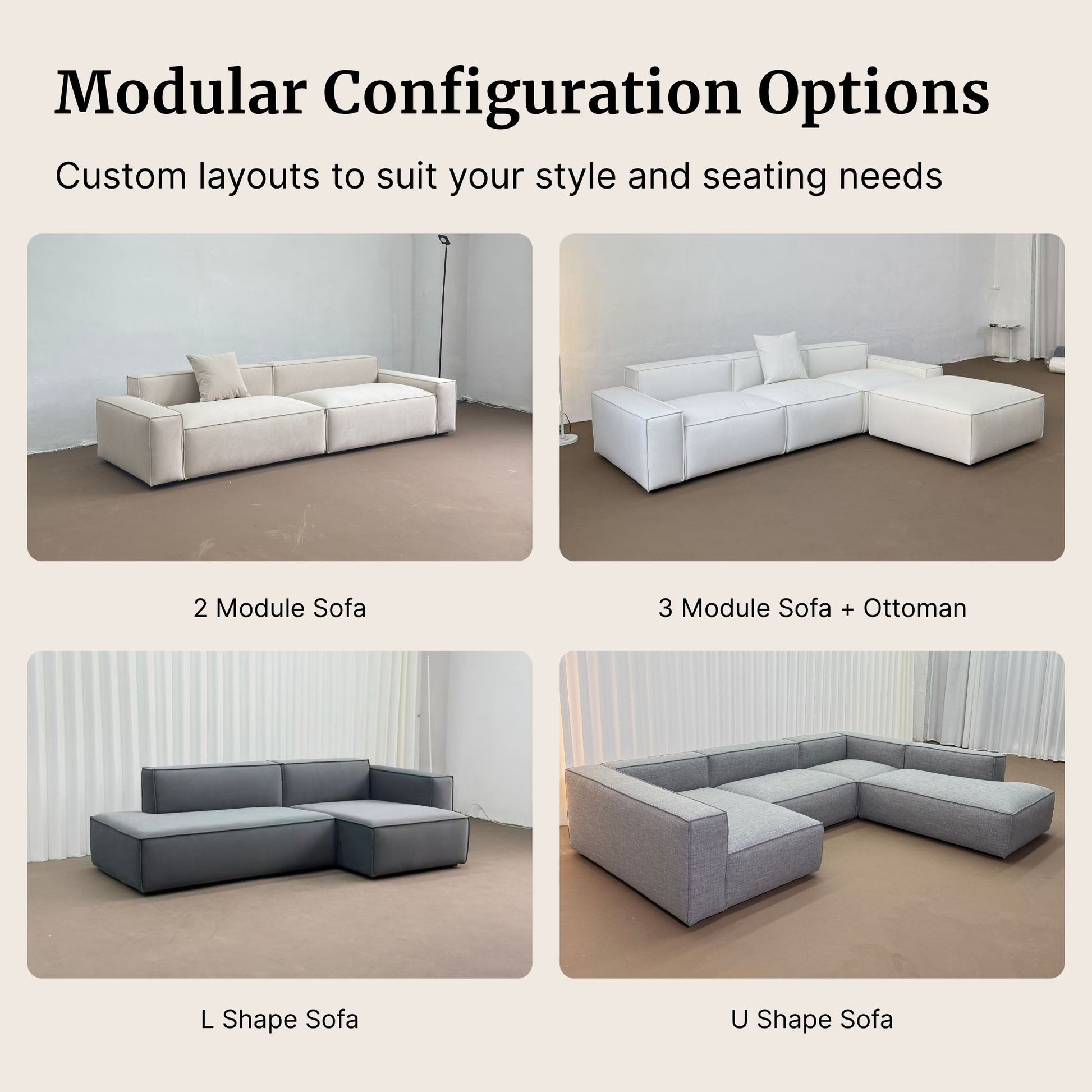 Modular sofa configuration options with text on layout customization.
