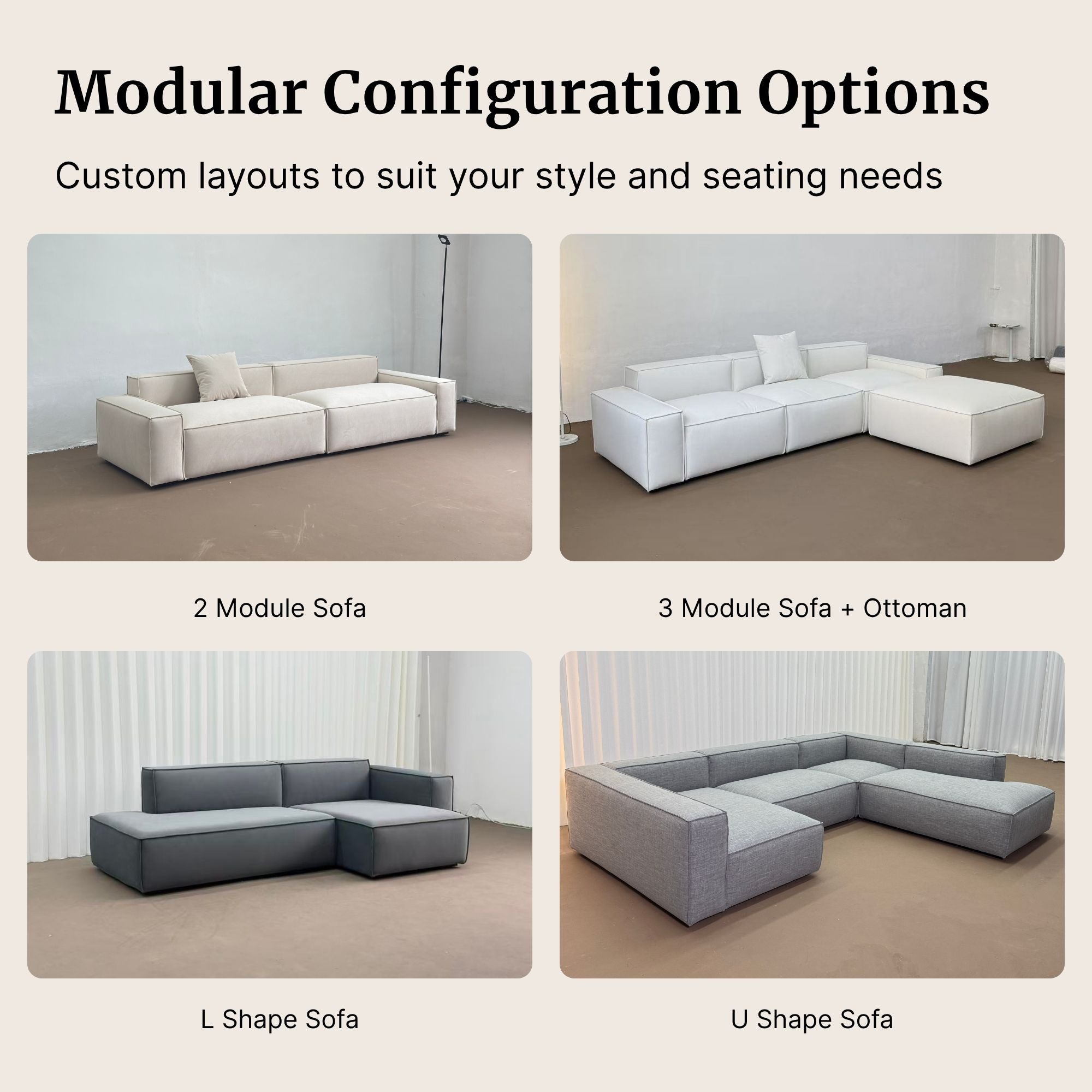 Modular sofa configuration options with text on layout customization.