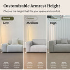 Three different armrest height options for a sofa with text labels.
