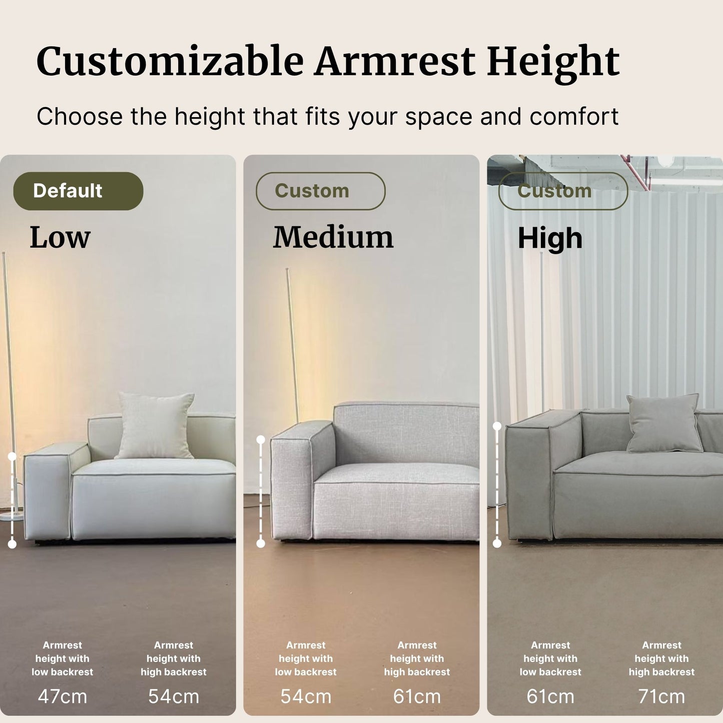 Three different armrest height options for a sofa with text labels.