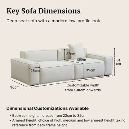 White sofa with dimensions labeled on a beige background