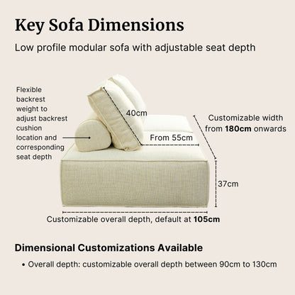 Diagram of a low profile modular sofa with adjustable seat depth, showing dimensions and customizable features.