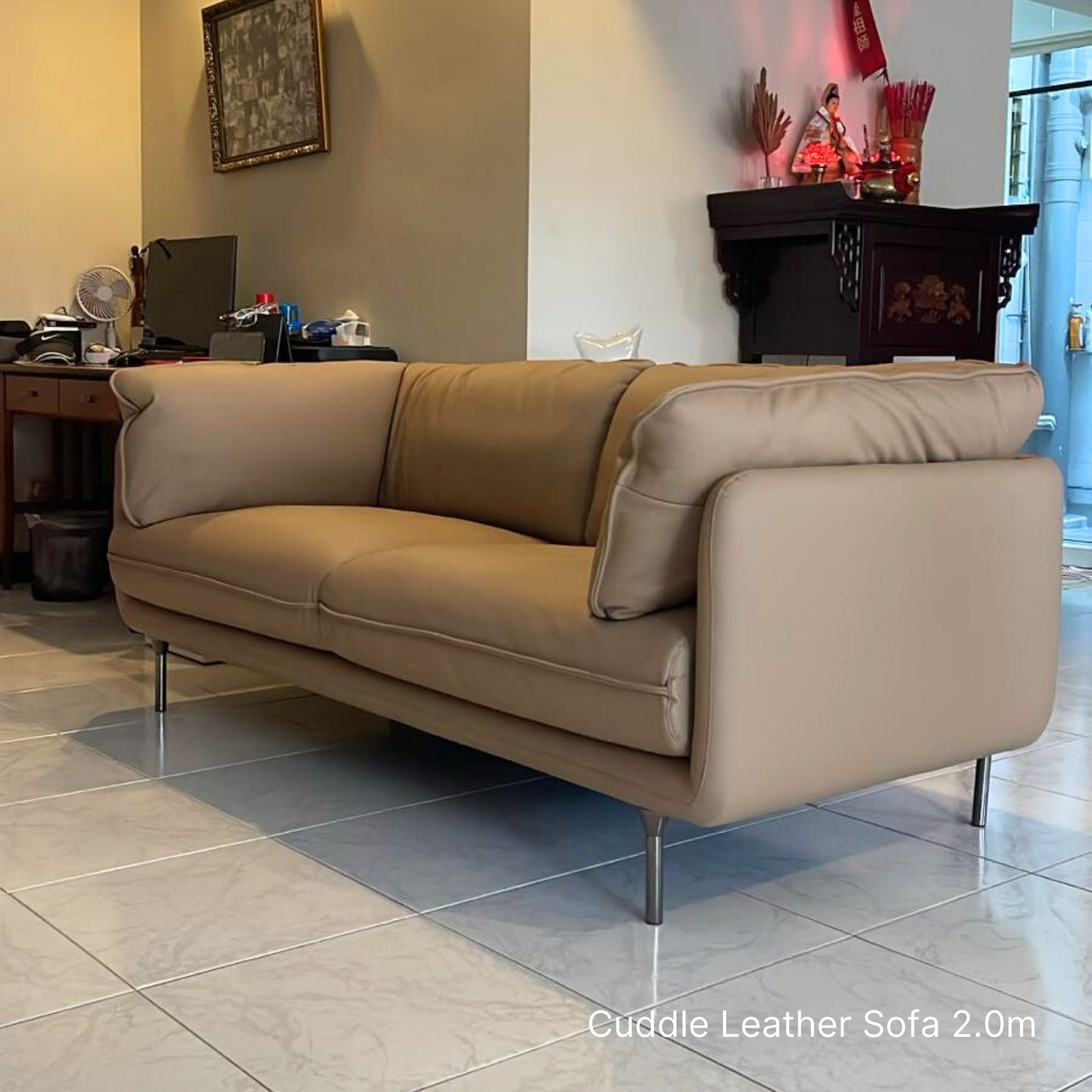 Cuddle beige leather sofa sample at 200cm
