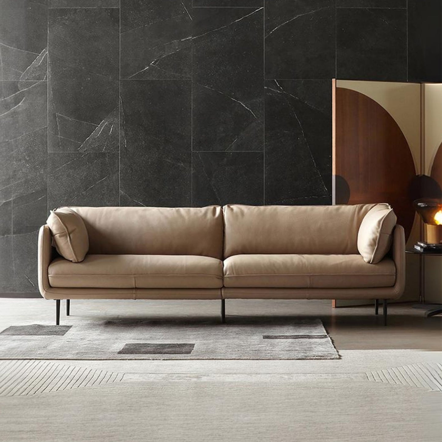 Cuddle beige leather sofa front view photoshoot