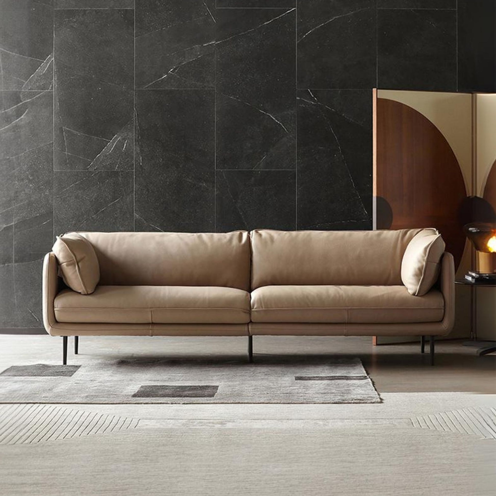 Cuddle beige leather sofa front view photoshoot