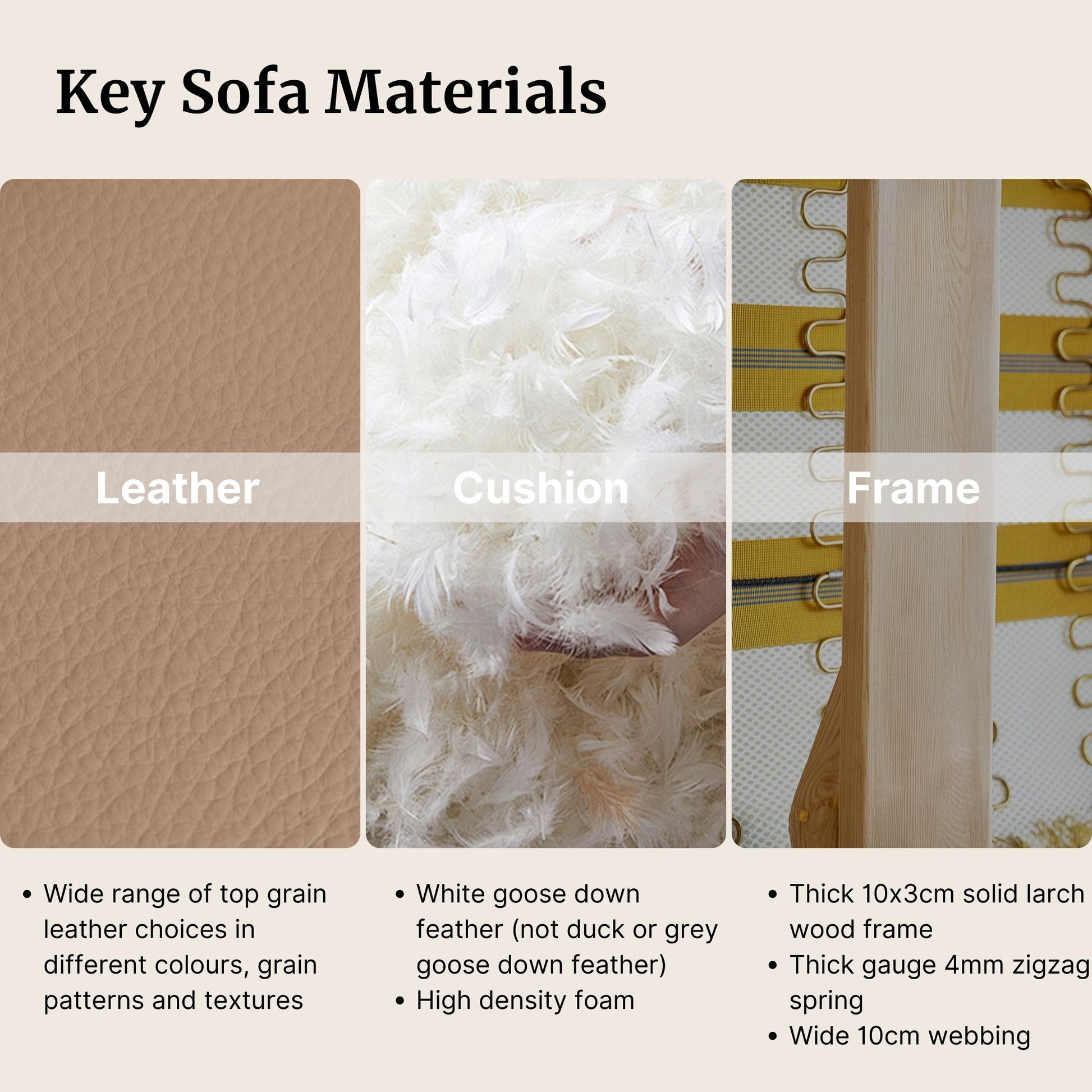 Key sofa materials for cuddle leather sofa with leather shown in beige colour