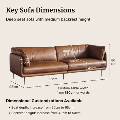 Cuddle leather sofa key dimensions, including the backrest height, seat depth and seat height
