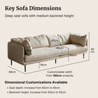 White sofa with dimensions labeled on a beige background