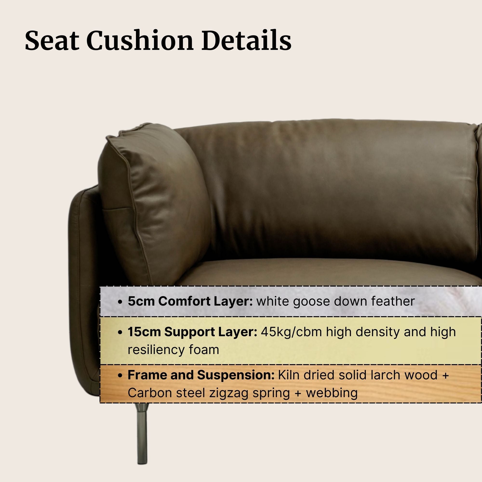 Brown sofa with seat cushion details on a beige background