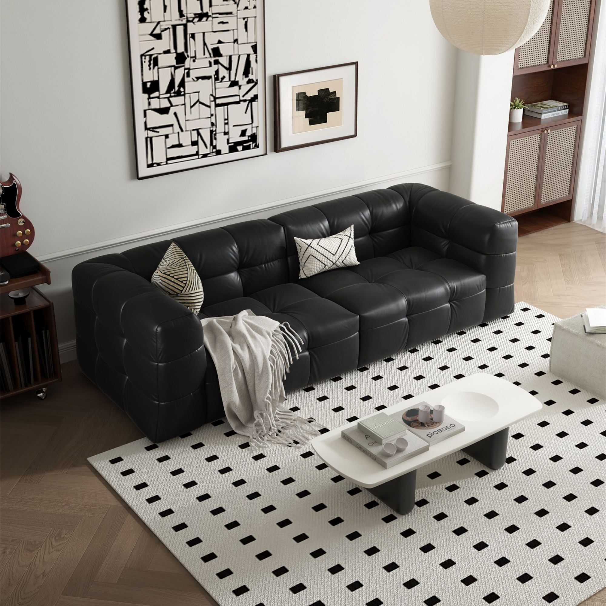 Cutey black half leather sofa