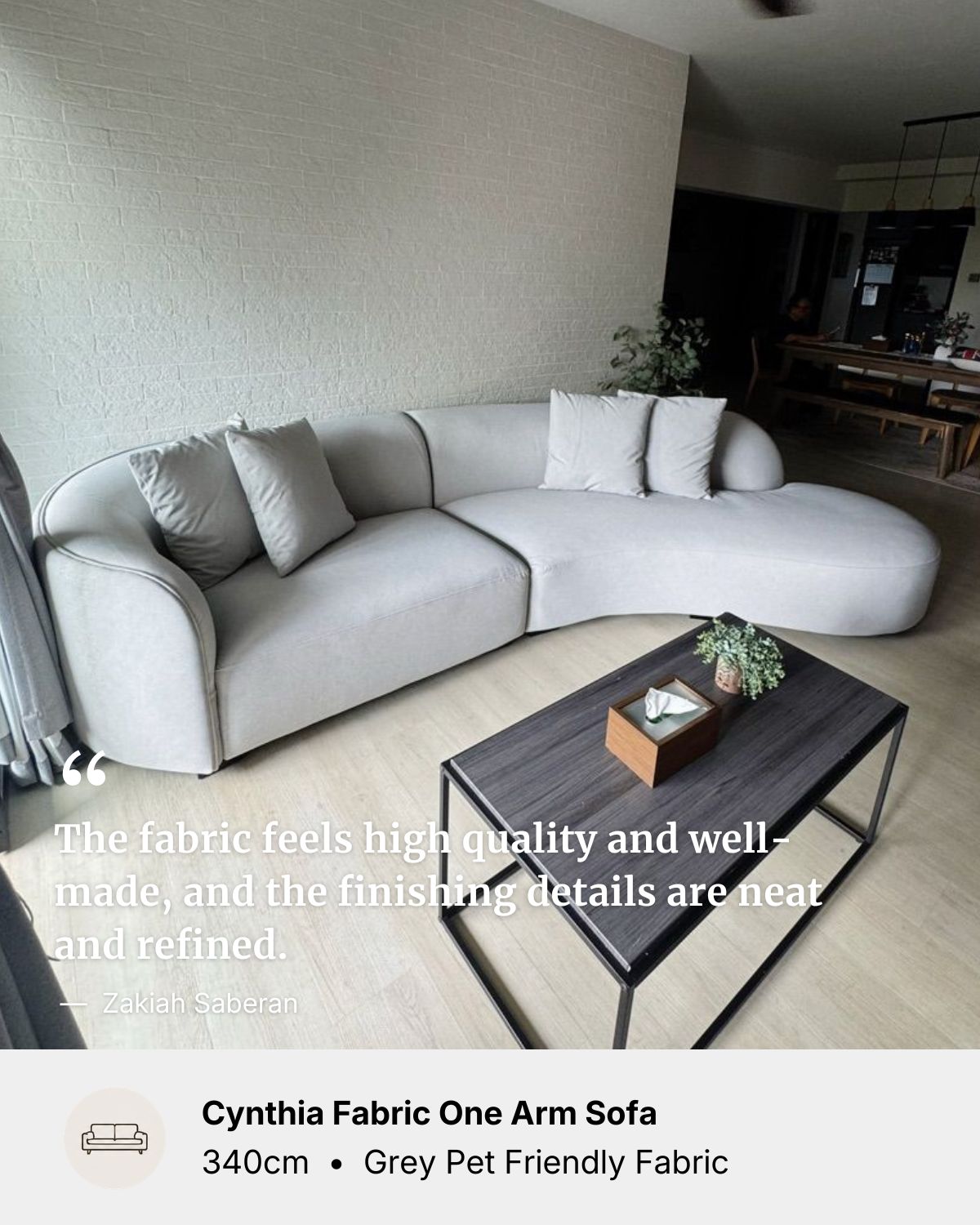 Cynthia pet friendly fabric sofa in living room with positive customer reviews