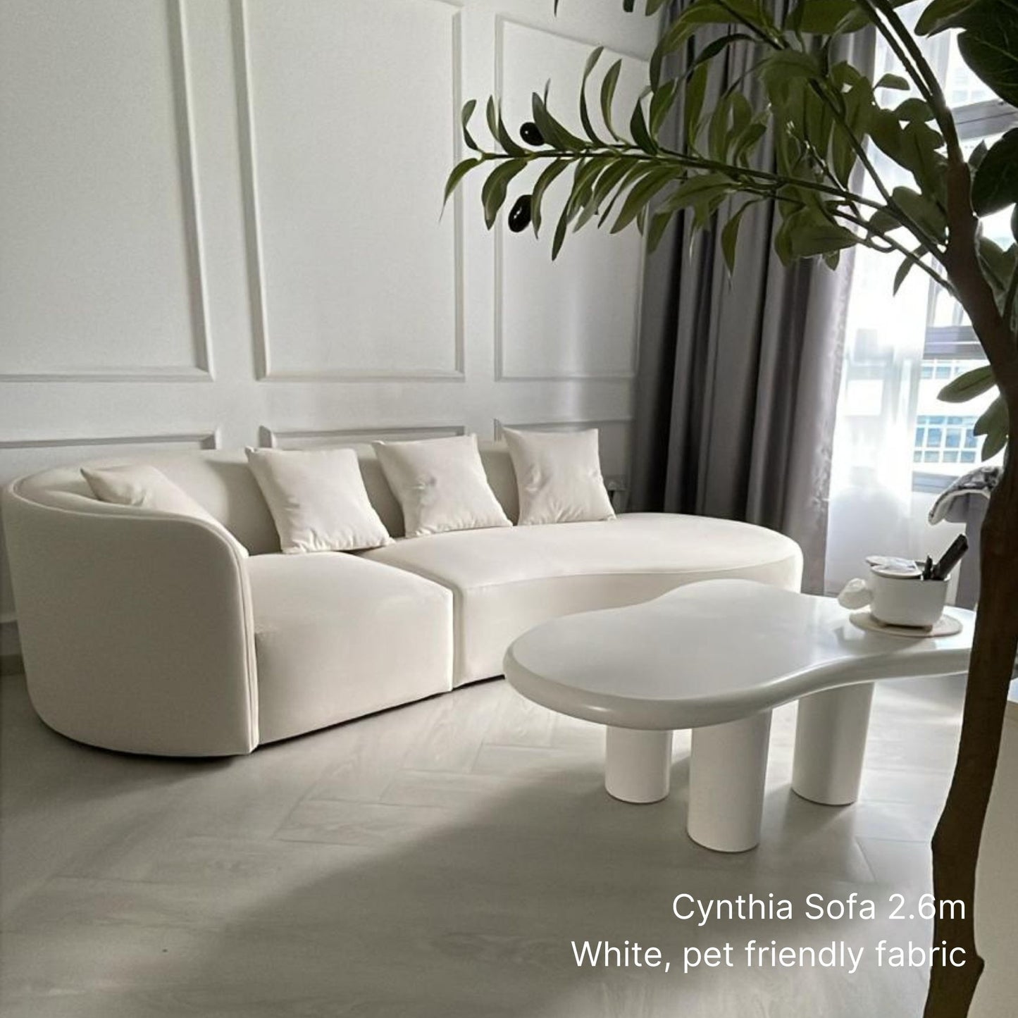 Sample actual delivery of Cynthia fabric left arm sofa at 260cm in white pet friendly fabric