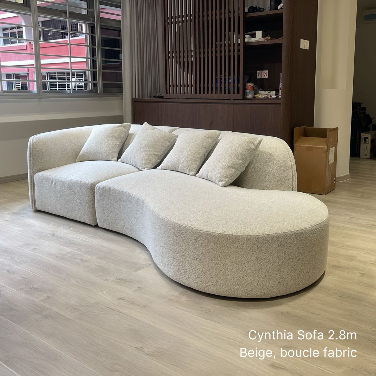 Sample actual delivery of Cynthia left one arm sofa at 280cm in beige boucle fabric