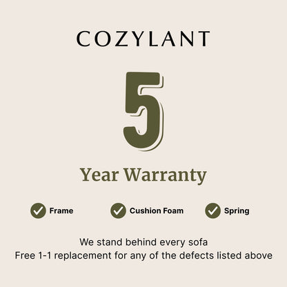 Cozylant 5-year warranty graphic with a beige background