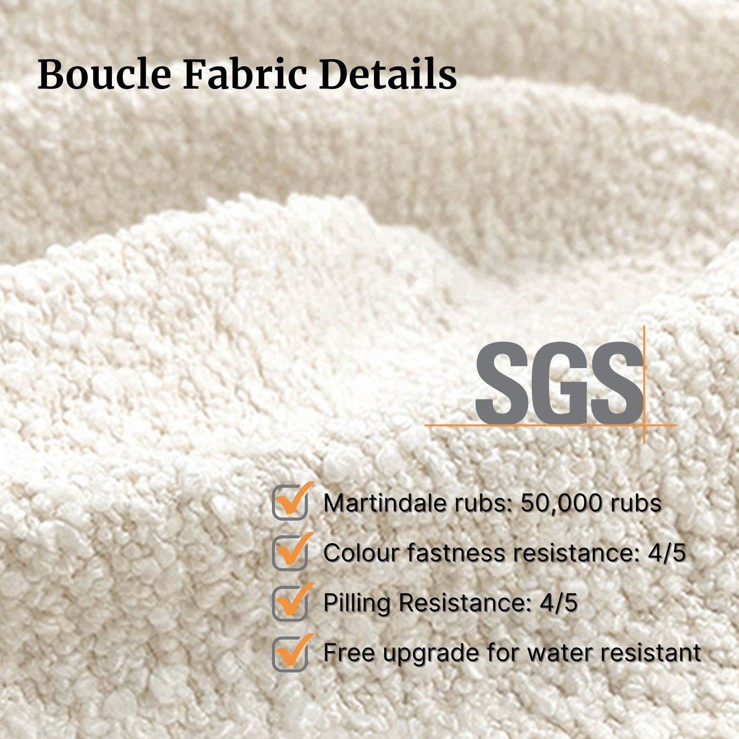 Boucle fabric with SGS certification details on a beige background