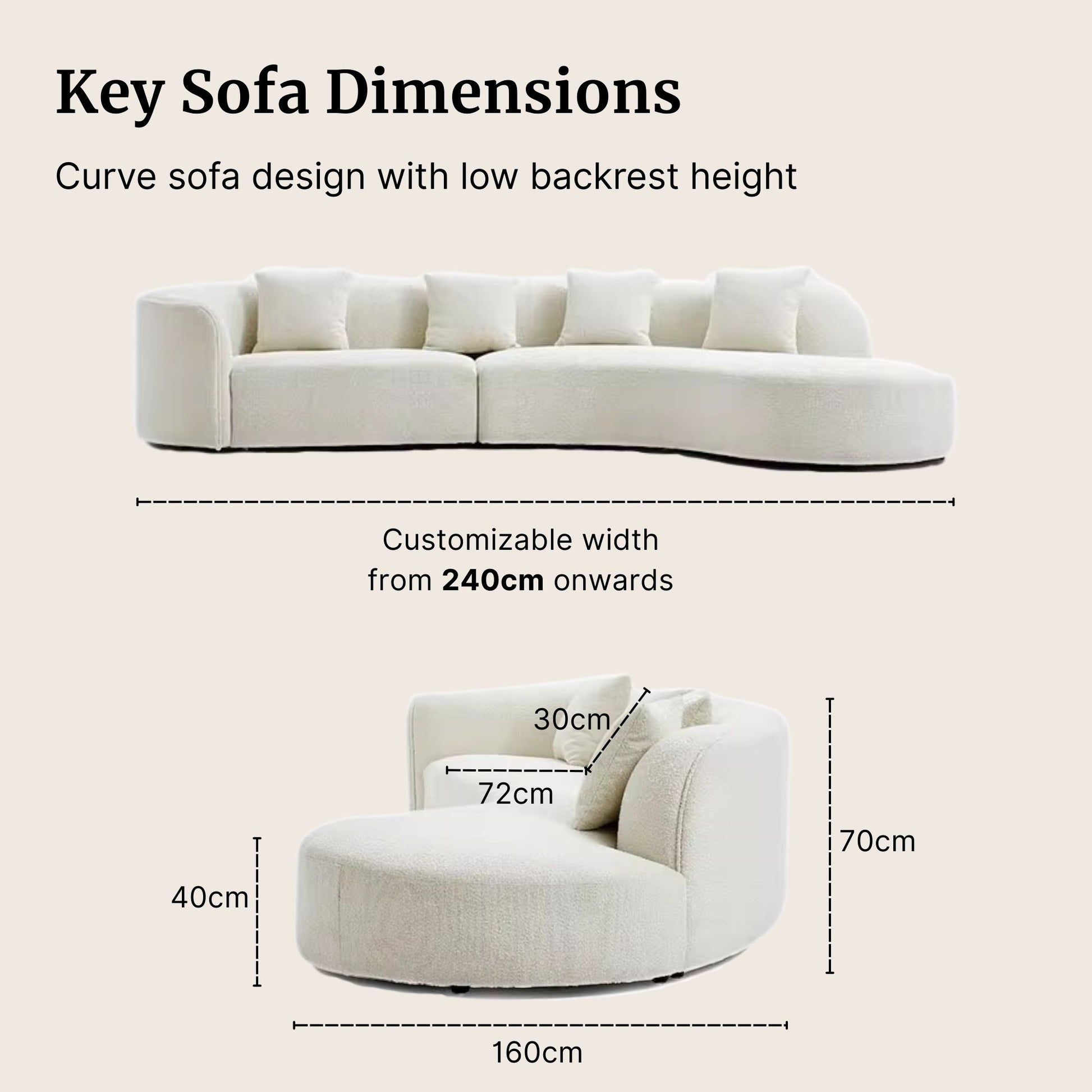 Key sofa dimensions for Cynthia fabric one arm sofa on beige background