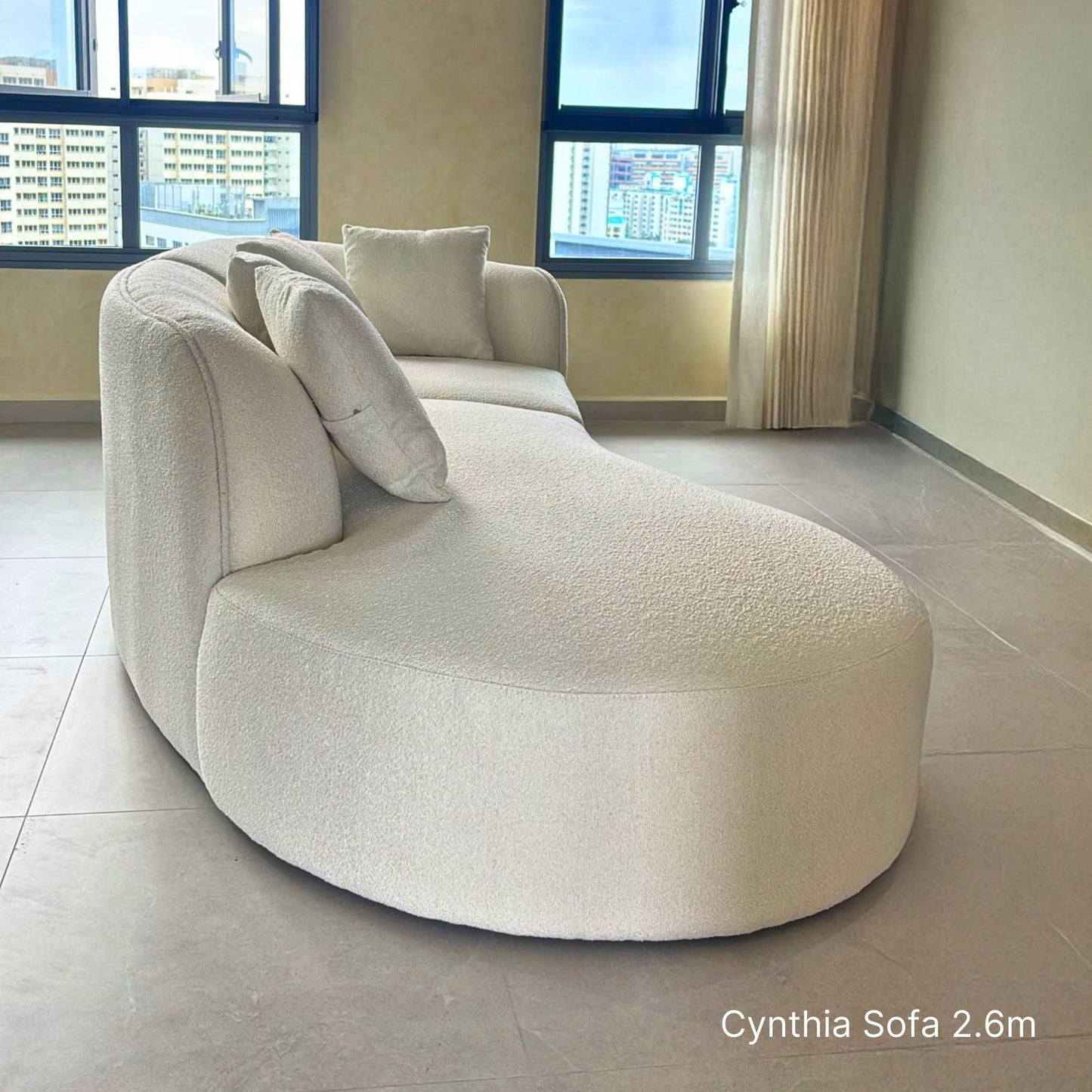 Sample real delivery of 4 seater Cynthia fabric one arm sofa with right arm in white boucle fabric in Singapore