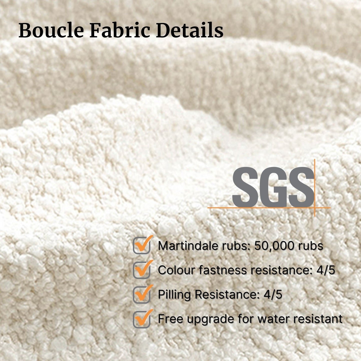 Boucle fabric with SGS certification details on a beige background