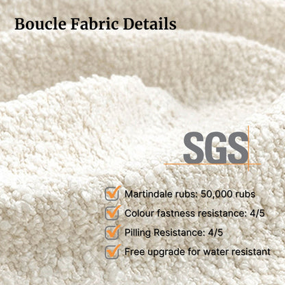 Boucle fabric with SGS certification details on a beige background