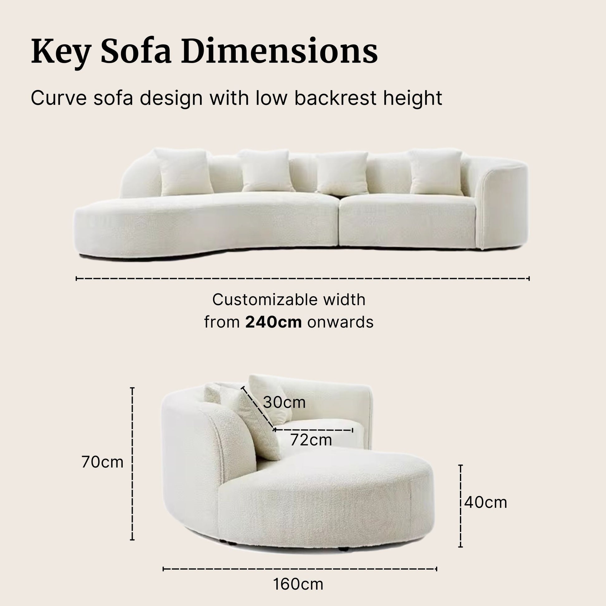 Key sofa dimensions for Cynthia fabric one arm sofa in white boucle fabric