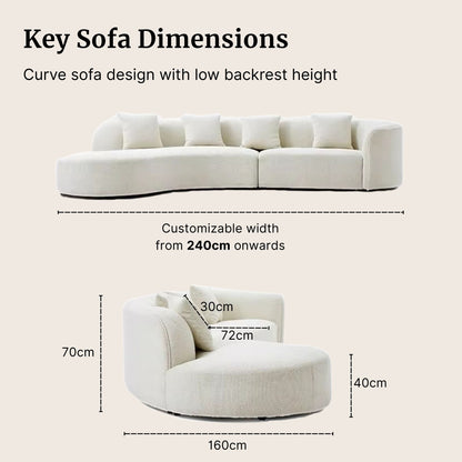 Key sofa dimensions for Cynthia fabric one arm sofa in white boucle fabric