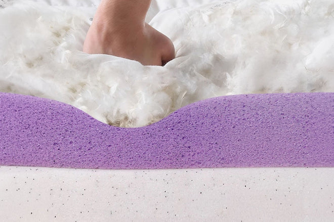 Down feather top layer with foam support layer infill display