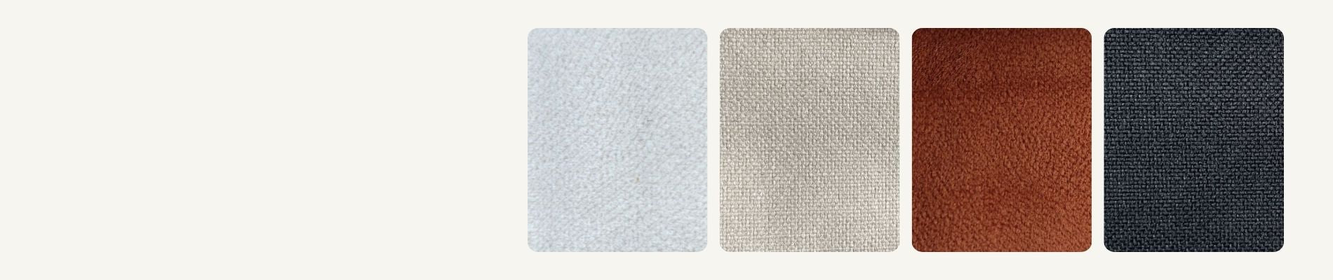 Four square material swatches on a light gray background, showing textured fabric or leather options in white, cream, orange, and dark charcoal.