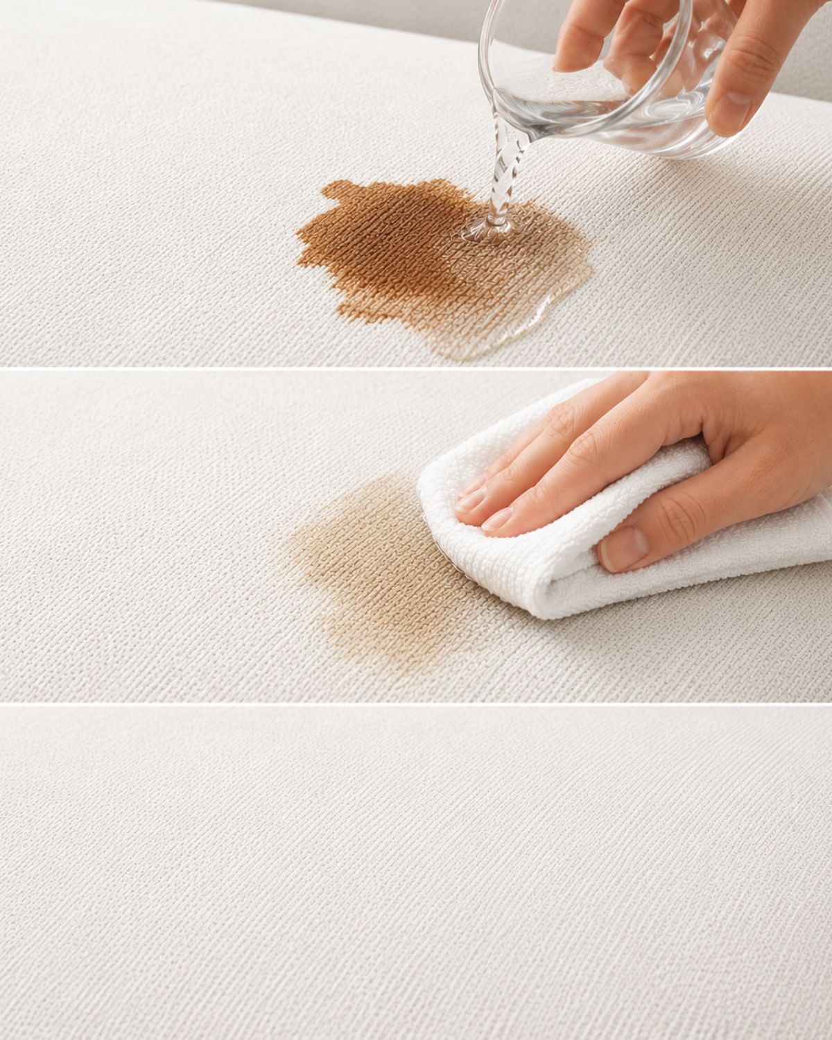 Cleaning a sofa stain with a cloth and water, labeled 'Easy Clean Sofas'.