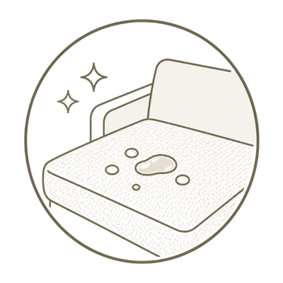 A minimalist line-art icon of a sofa cushion with a water droplet on top, enclosed in a circular border with small sparkle marks, on a white background.
