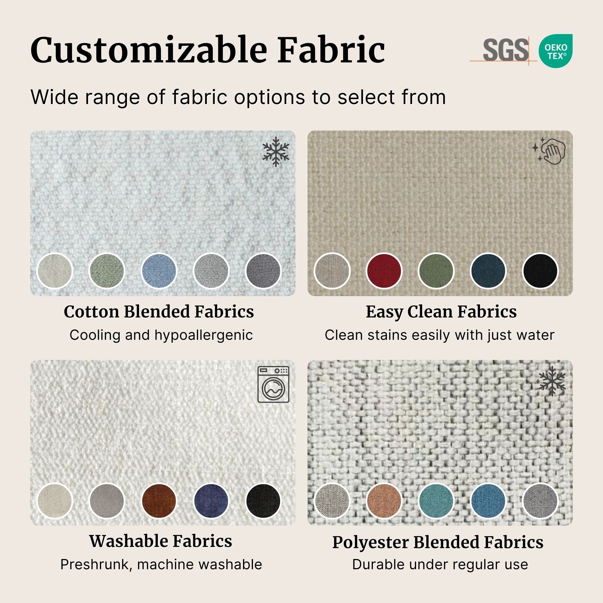 Range of fabrics and colours available for customization such as cotton blended fabric, easy clean fabrics, washable fabrics, and polyester blended fabrics (Other)