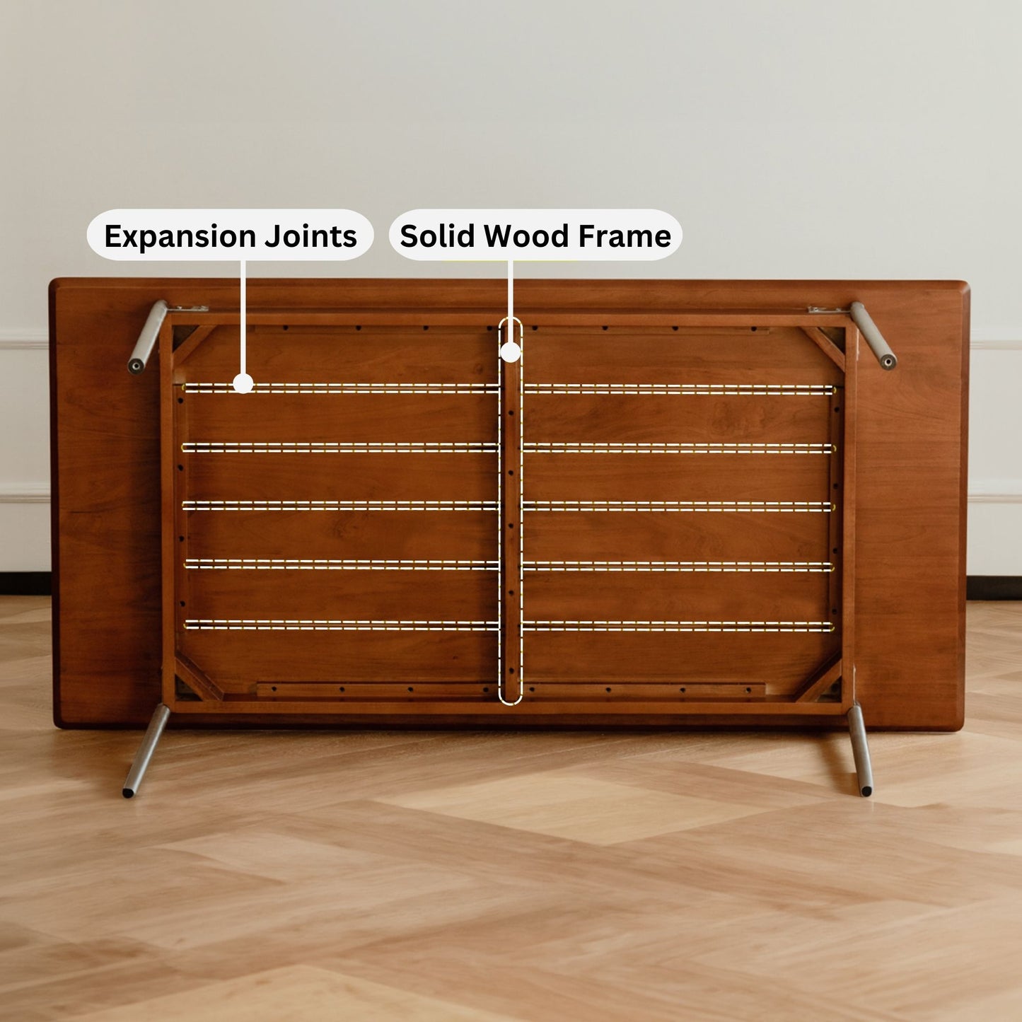 Taylor poplar wood dining table's tabletop base consist of expansion joints and solid wood frame