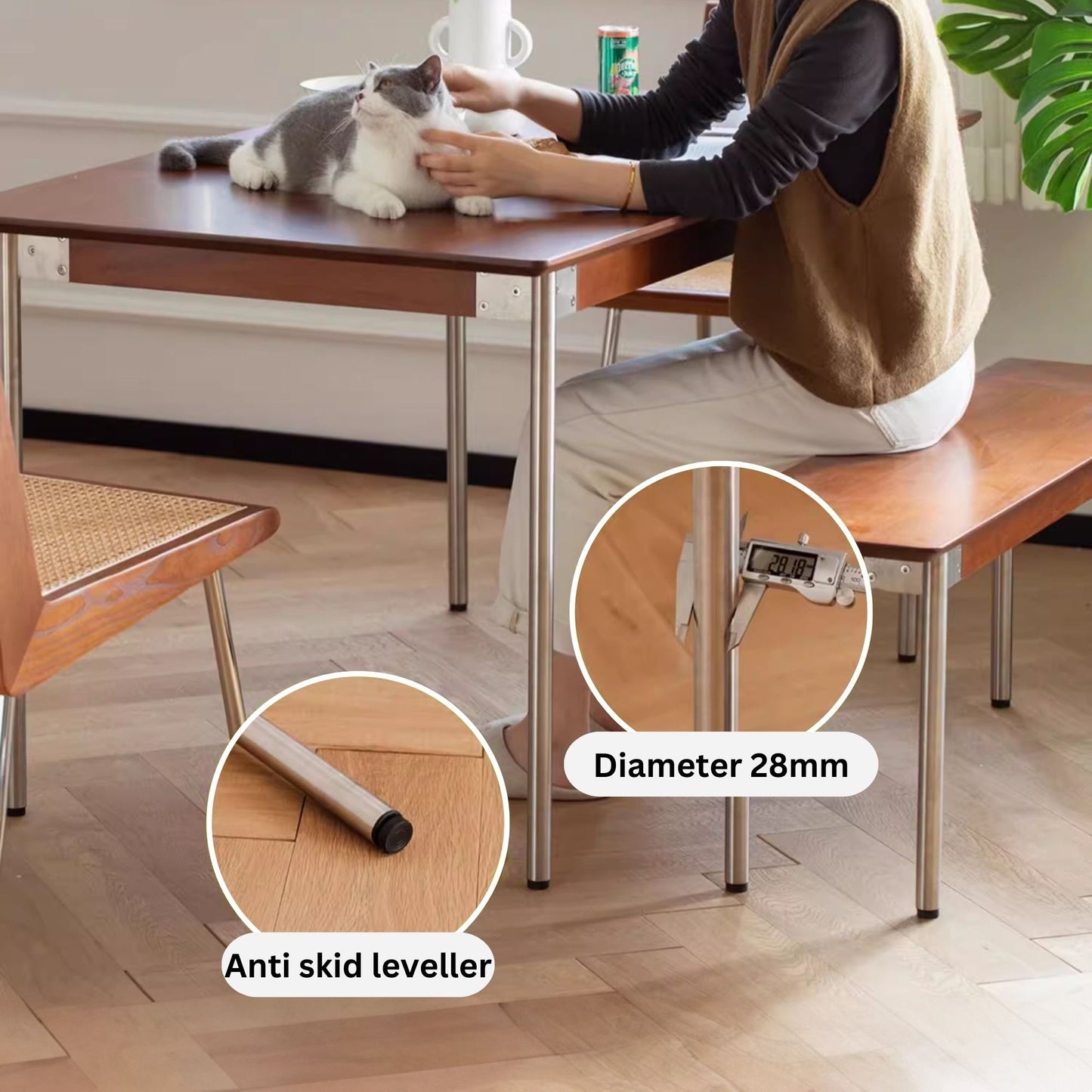 Taylor poplar wood dining table's leg is 2.8cm thick and has anti skid leveller