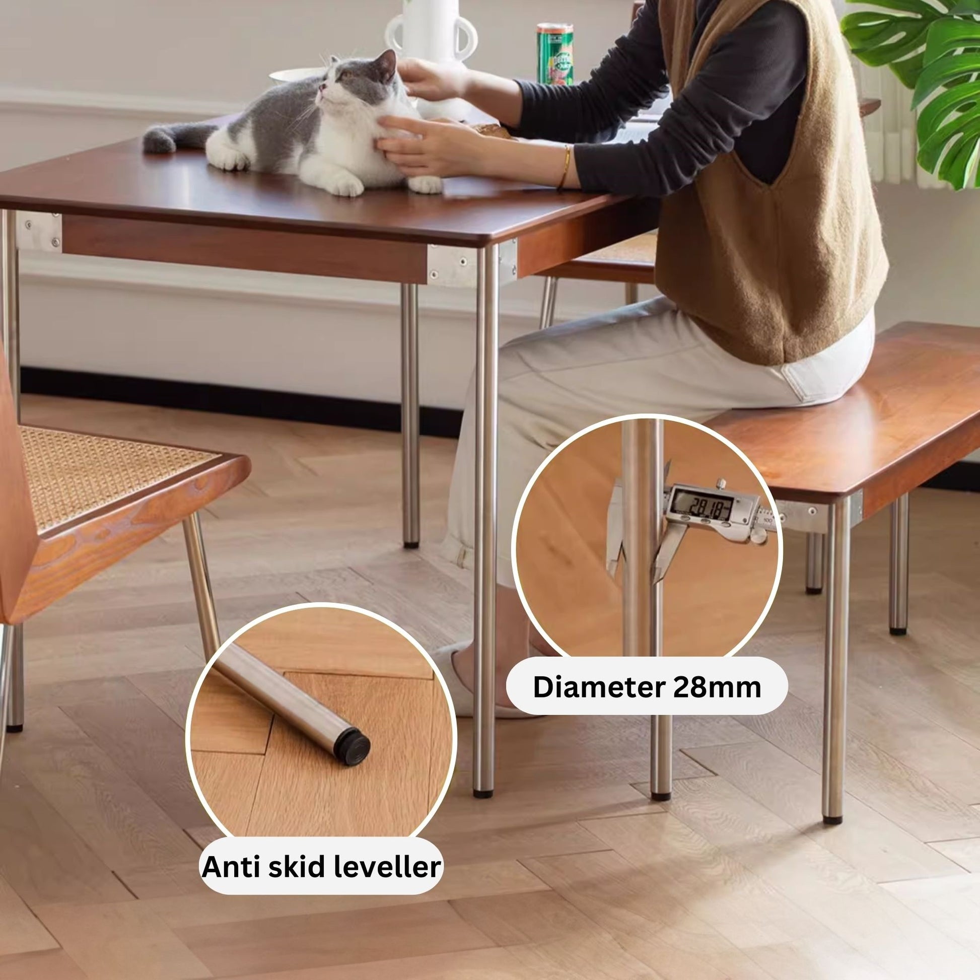 Taylor poplar wood dining table's leg is 2.8cm thick and has anti skid leveller
