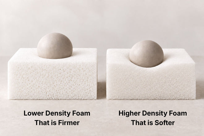 Illustration of how foam firmness is different from foam density with a lower density foam that is firmer against a higher density foam that is softer