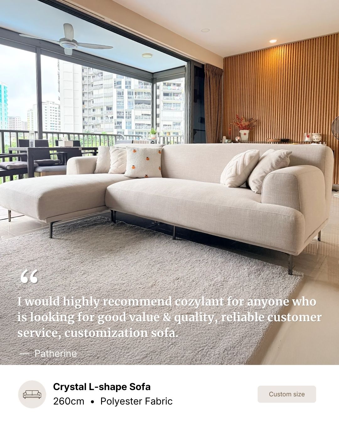 A modern L-shaped sectional sofa in light beige/cream polyester fabric, shown in a contemporary living room setting with a gray rug, large windows, and a wood slat accent wall. A quote overlay and product info text appear at the bottom.