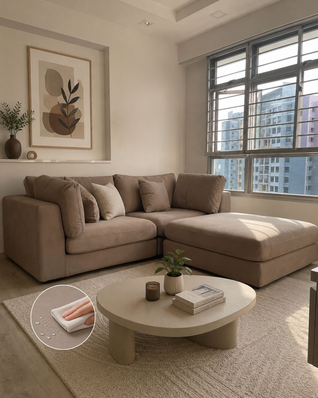 A modern beige sofa with ottoman in a bright, contemporary living room. The sofa features plush, square throw pillows and is upholstered in a soft, textured fabric.