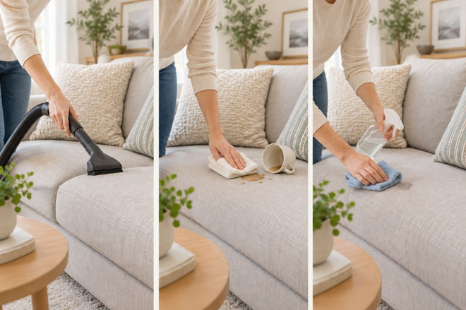 Illustration of vacuuming dust on the sofa, blotting away spills and spot cleaning
