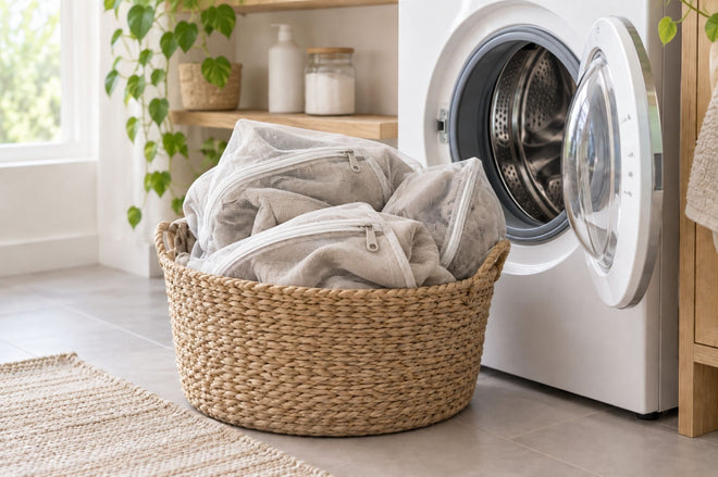 Sofa covers removed from the sofa and packed into laundry bags to be washed in a washing machine