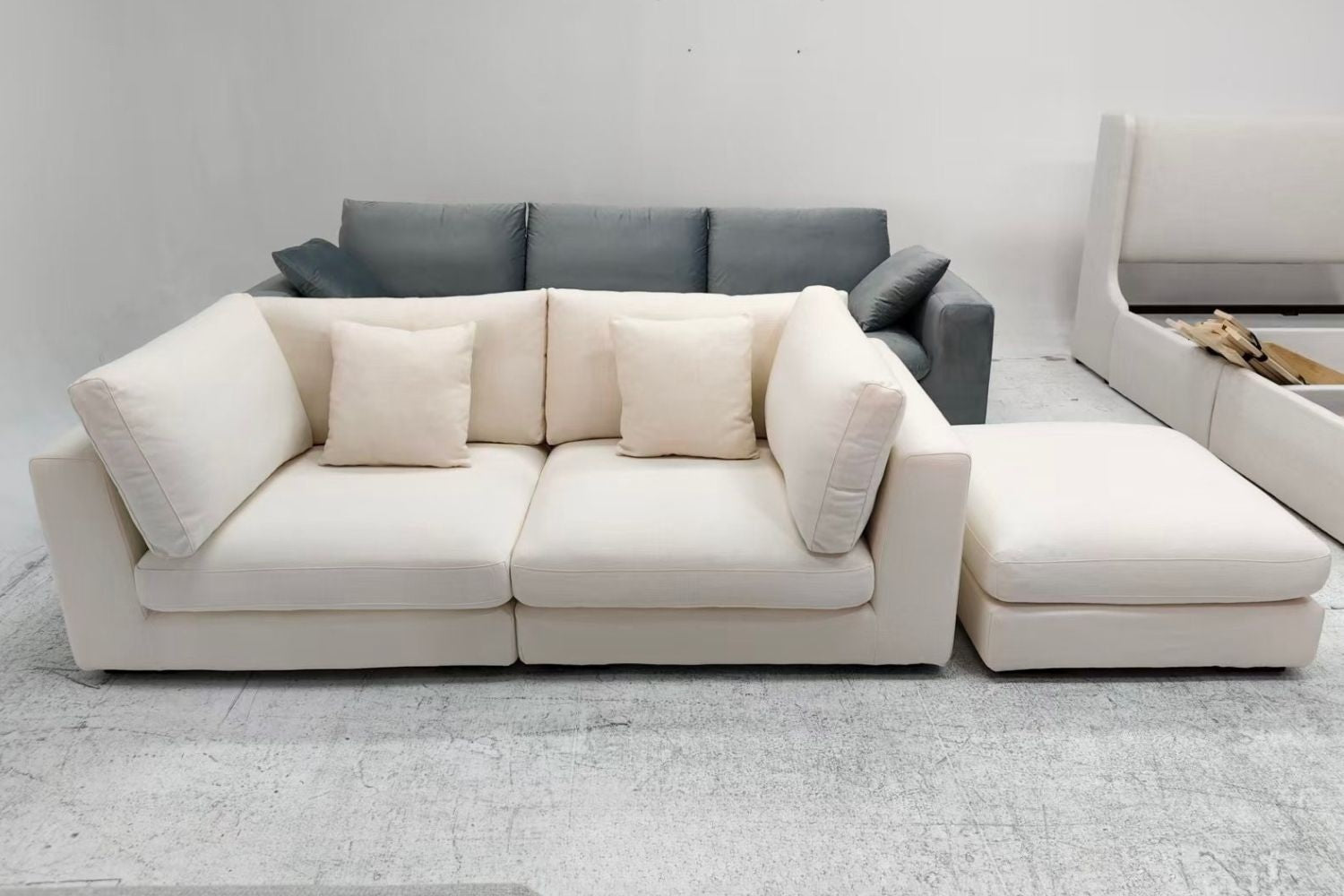 Claudia 210cm White Fabric Sofa + Ottoman Ashy | Oct 25