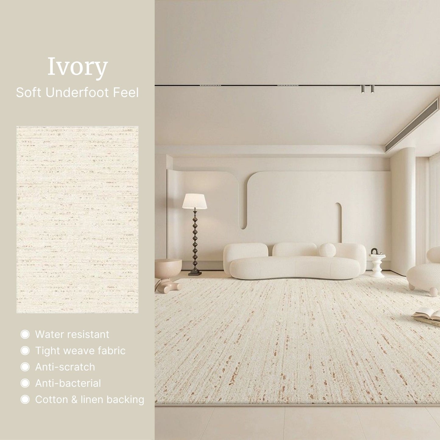 Modern interior with a white rug and furniture, featuring text about the rug's properties.