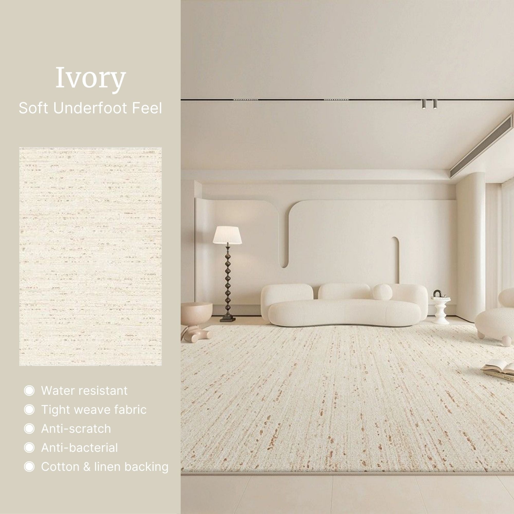 Modern interior with a white rug and furniture, featuring text about the rug's properties.