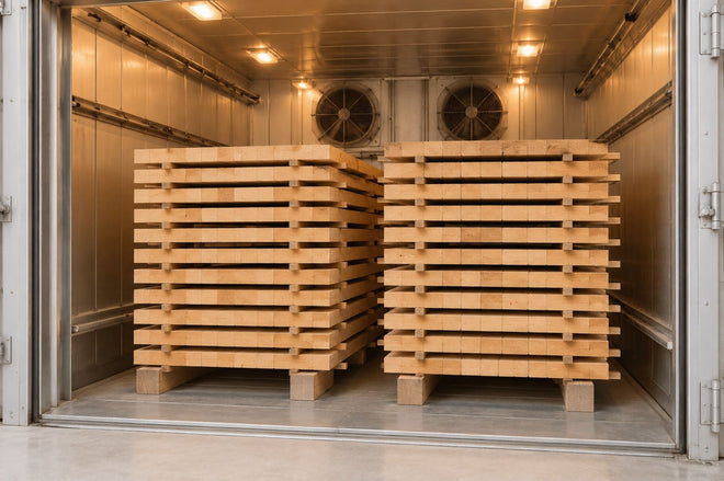 Wood placed on slabs placed in a kiln for drying