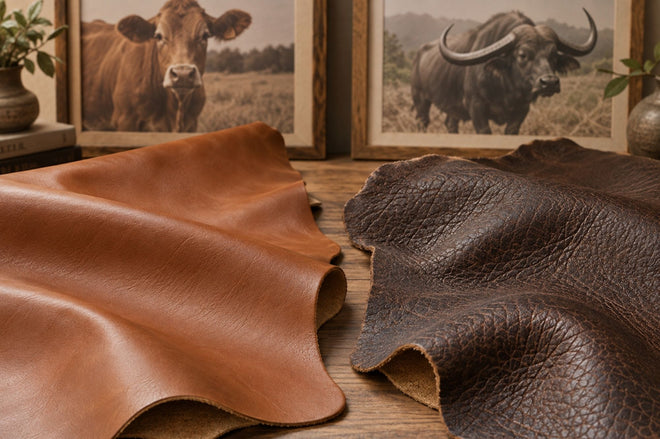 Comparison of leather grain details for leather made with cattle vs leather made with water buffalo