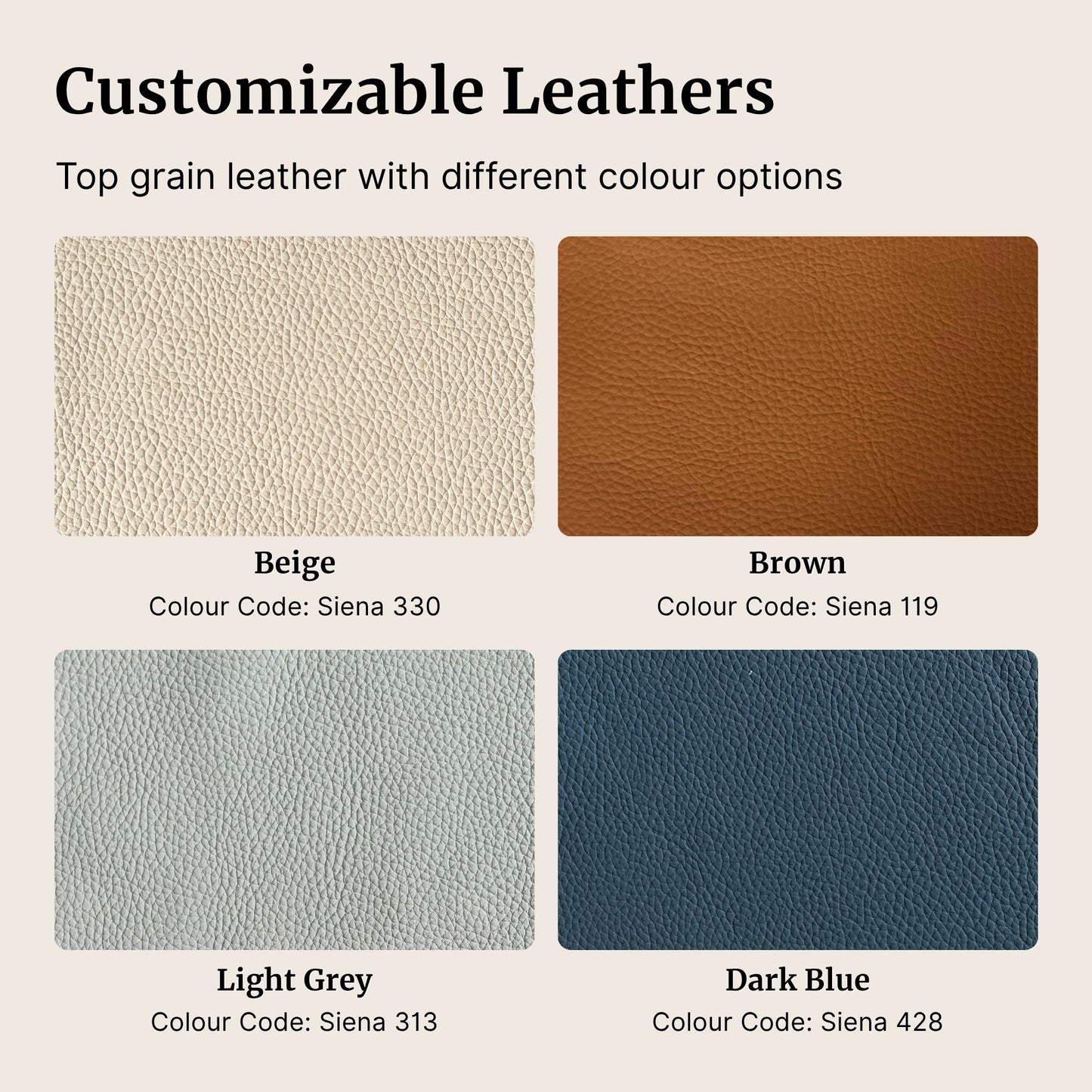 Color swatches of customizable leathers with names and color codes on a beige background (Other)