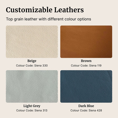 Color swatches of customizable leathers with names and color codes on a beige background (Other)