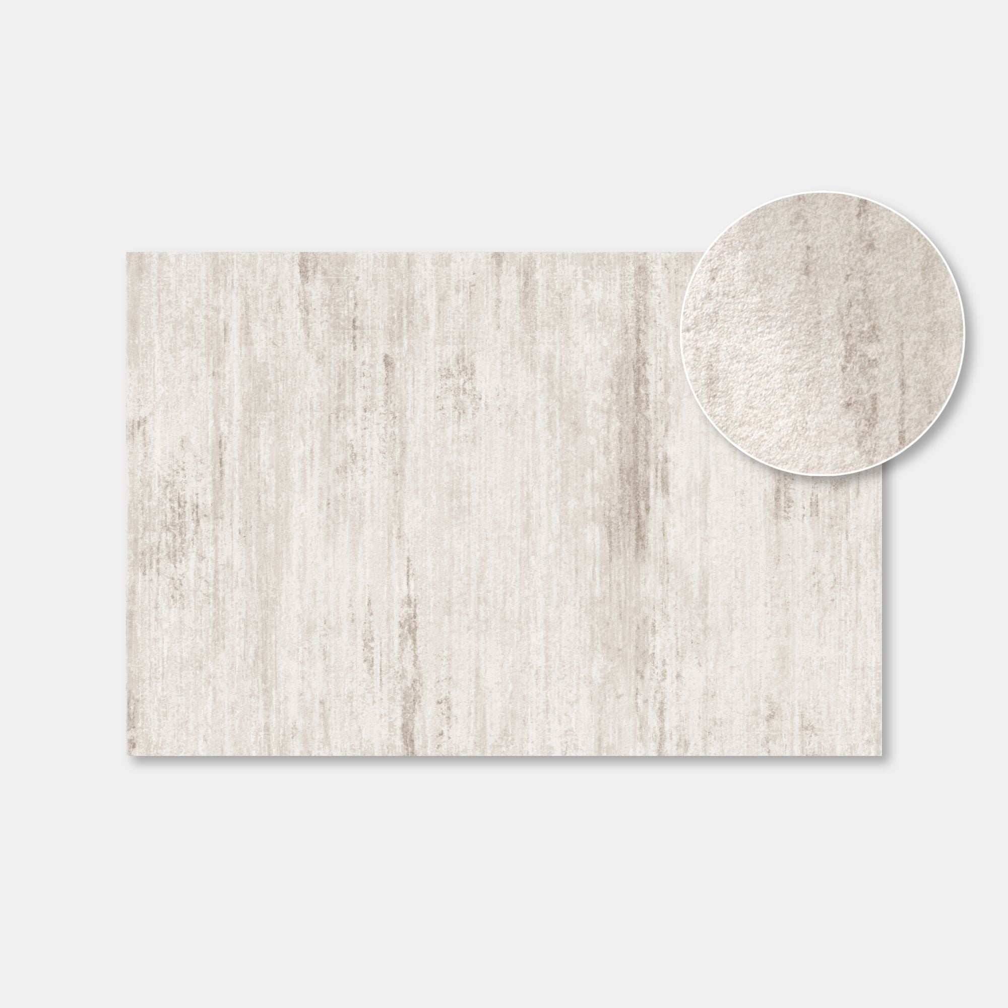 A rectangular sample of distressed off-white textured material with a circular inset showing a close-up of the same surface, presented on a light gray background.