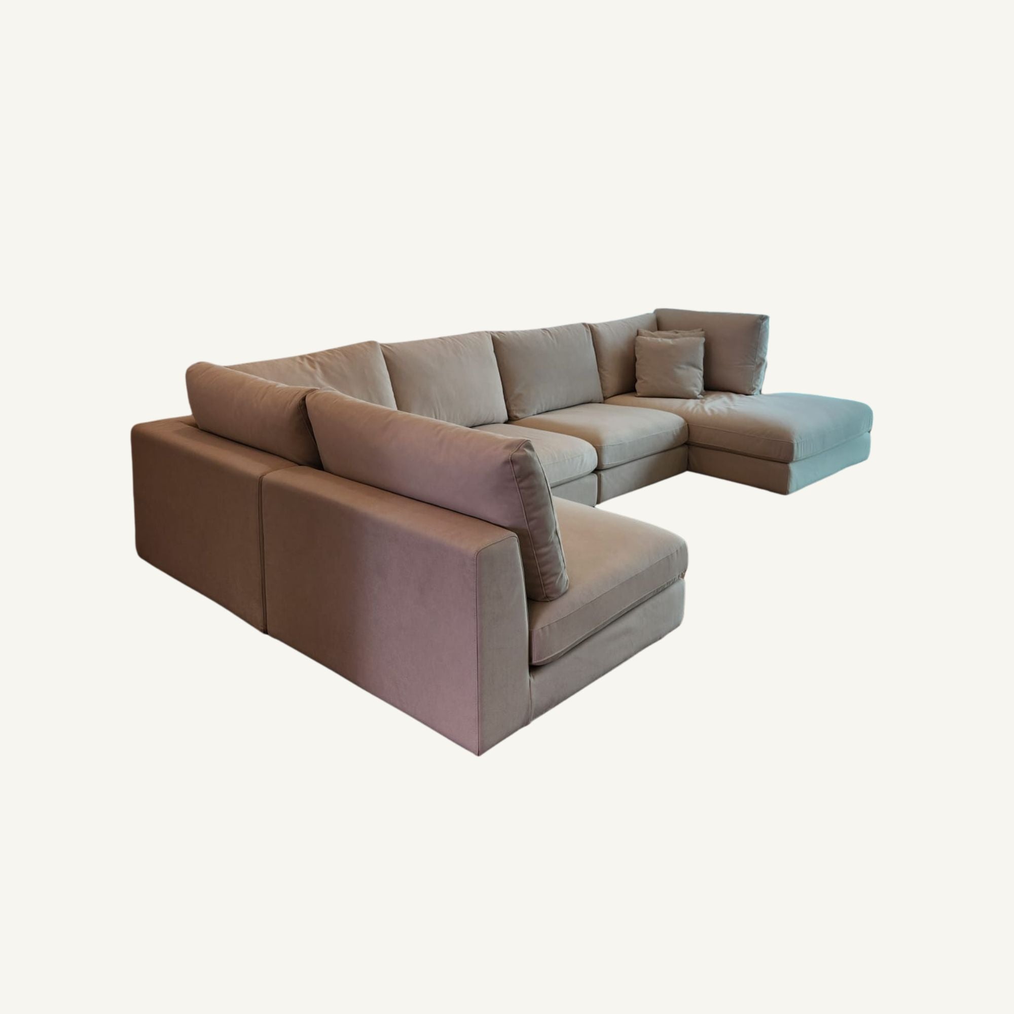 A modular L-shaped sectional sofa upholstered in a beige pet friendly fabric, featuring a chaise lounge on one end and a matching accent pillow, shown against a plain off-white background.